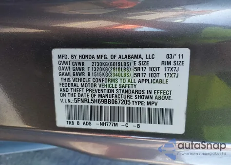 2011 Honda Odyssey Ex-L из США, поврежденный, VIN 5FNRL5H69BB067205